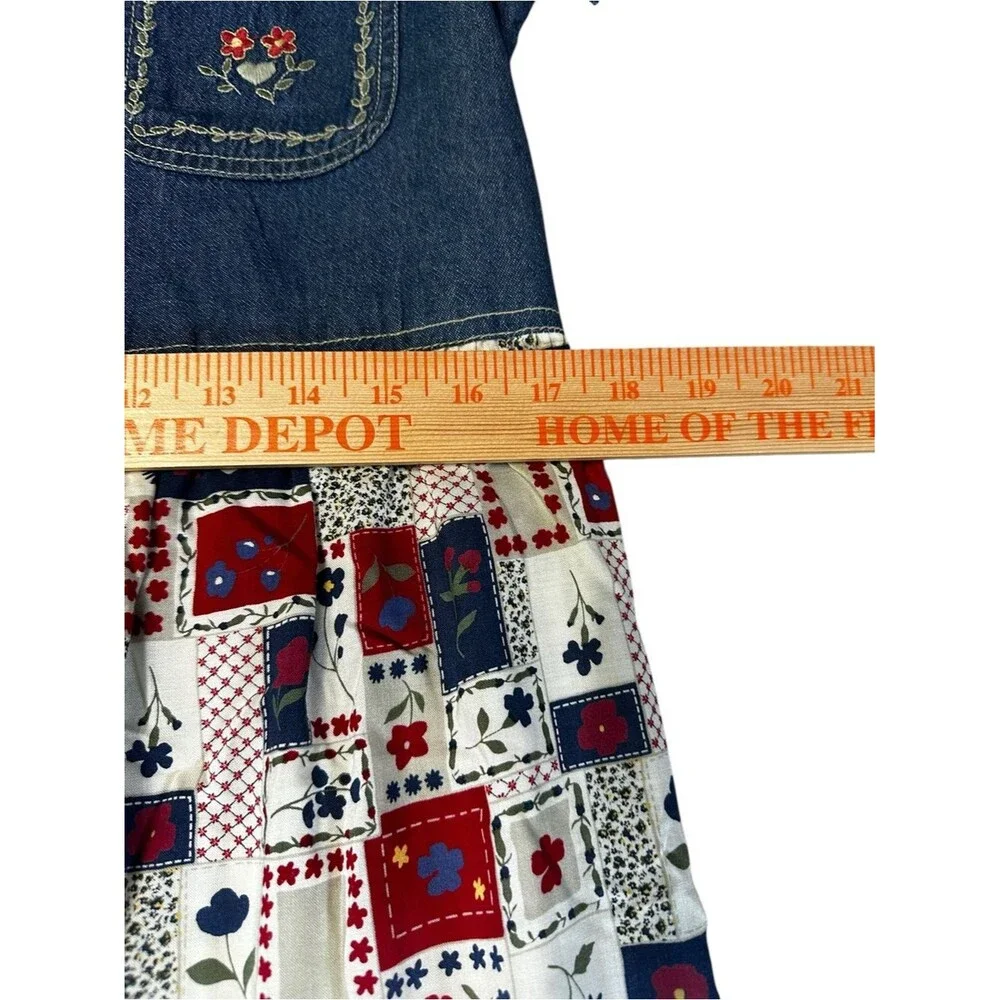 VTG 90s Bobbie Brooks Denim Patchwork Prairie Maxi Dress Large Cottagecore Folk